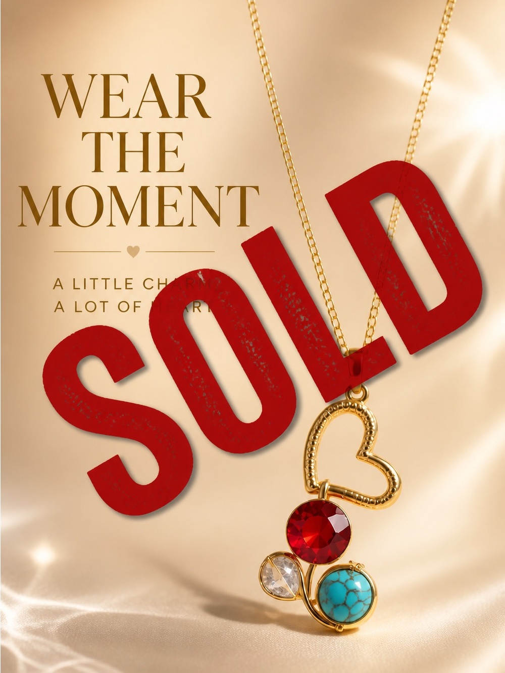 Handmade Gold Heart Pendant Necklace with Red and Turquoise Accents